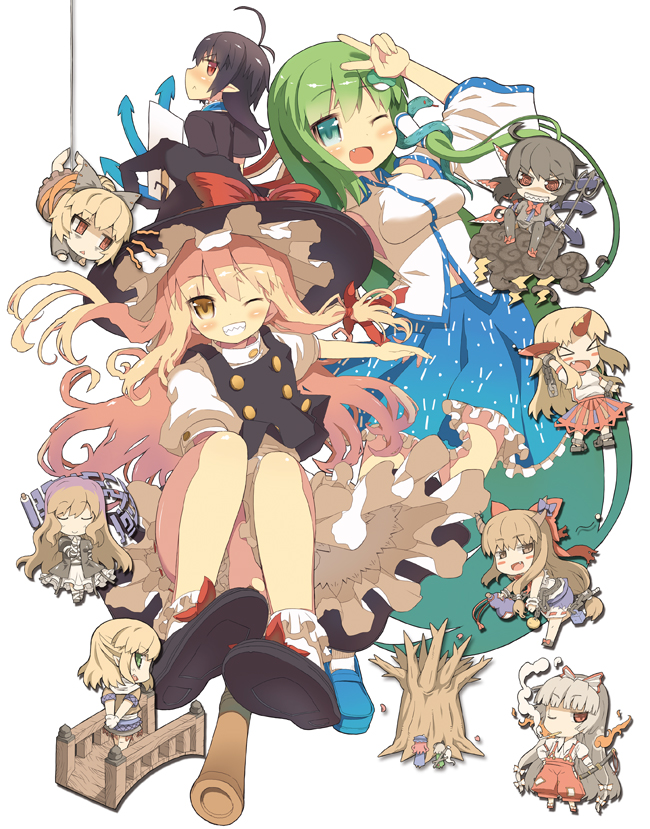 kirisame marisa, kochiya sanae, konpaku youmu, fujiwara no mokou, saigyouji yuyuko, and 7 more (touhou) drawn by ooide_chousuke