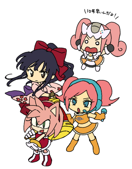 amy rose, shinguuji sakura, ulala, and sega dreamcast (sonic and 4 more) drawn by bukiko