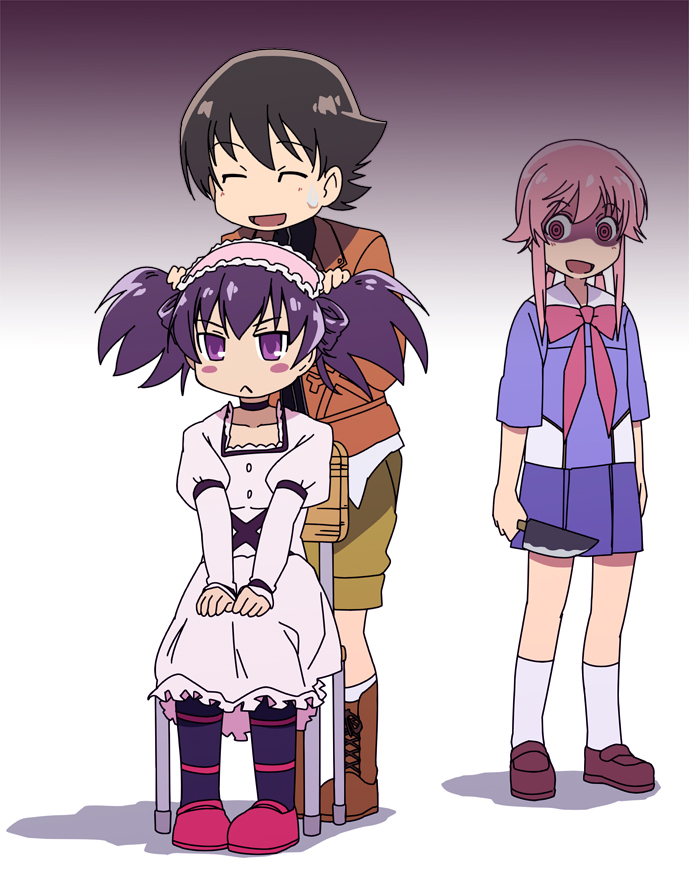 gasai yuno, uryuu minene, amano yukiteru, aizawa mai, and togashi misuzu (nichijou and 1 more) drawn by hikipanda