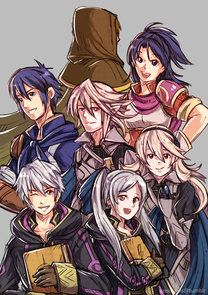 female corrin, female robin, male robin, male corrin, female kris, and 2 more (fire emblem and 5 more) drawn by gzei