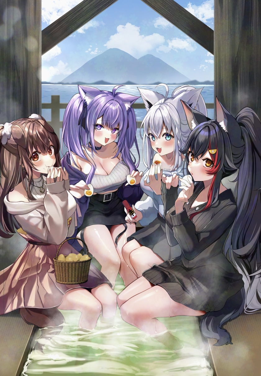 shirakami fubuki, nekomata okayu, ookami mio, and inugami korone (hololive) drawn by tako_8_yaki