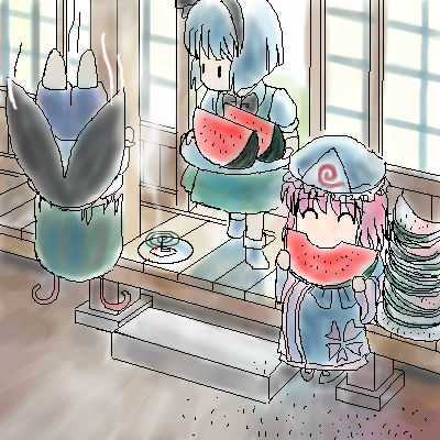 konpaku youmu, saigyouji yuyuko, and wriggle nightbug (touhou) drawn by satsuki_harunobu