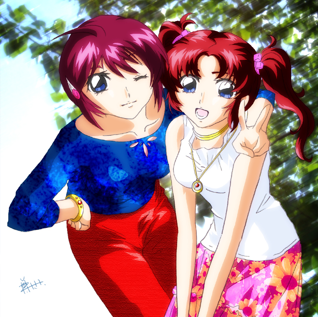 lunamaria hawke and meyrin hawke (gundam and 2 more) drawn by piggy_ho_ho