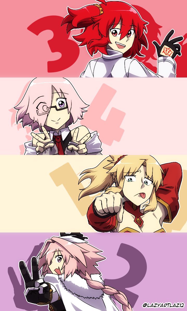 mash kyrielight, fujimaru ritsuka, astolfo, and mordred (fate and 1 more) drawn by lazyartlazy12 and tyrnickleback