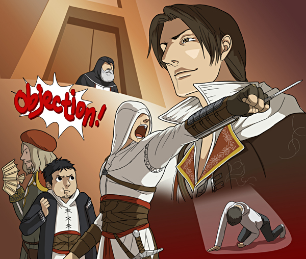 ezio auditore da firenze, altair ibn la-ahad, desmond miles, malik al-sayf, leonardo da vinci, and 1 more (ace attorney and 1 more) drawn by gb_(doubleleaf)
