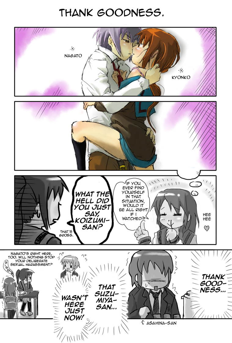 kyonko, koizumi itsuki, nagato yuuki, and asahina mitsuru (suzumiya haruhi no yuuutsu)