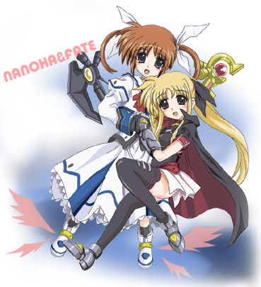 fate testarossa, takamachi nanoha, raising heart, and bardiche (lyrical nanoha and 2 more) drawn by cornpotage03