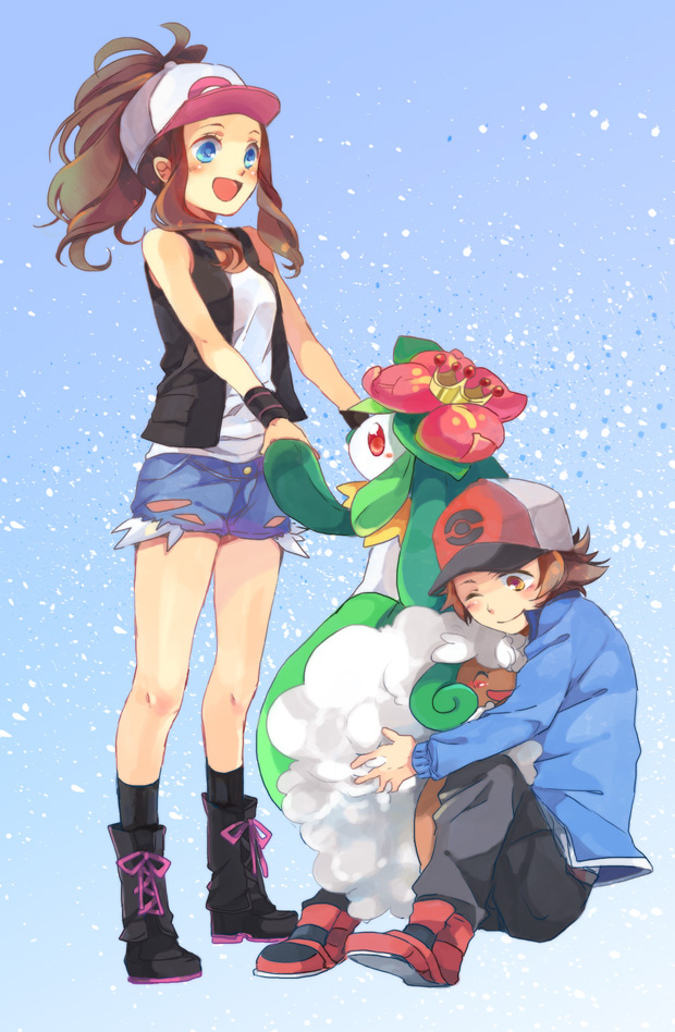 hilda, hilbert, whimsicott, and lilligant (pokemon and 1 more) drawn by s-kura