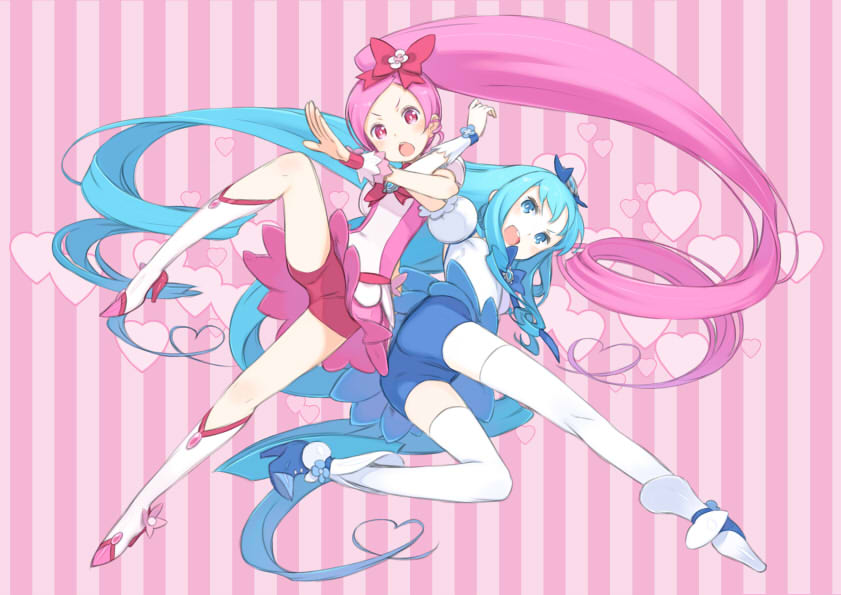 kurumi erika, hanasaki tsubomi, cure marine, and cure blossom (precure and 1 more) drawn by kuroboshi_kouhaku