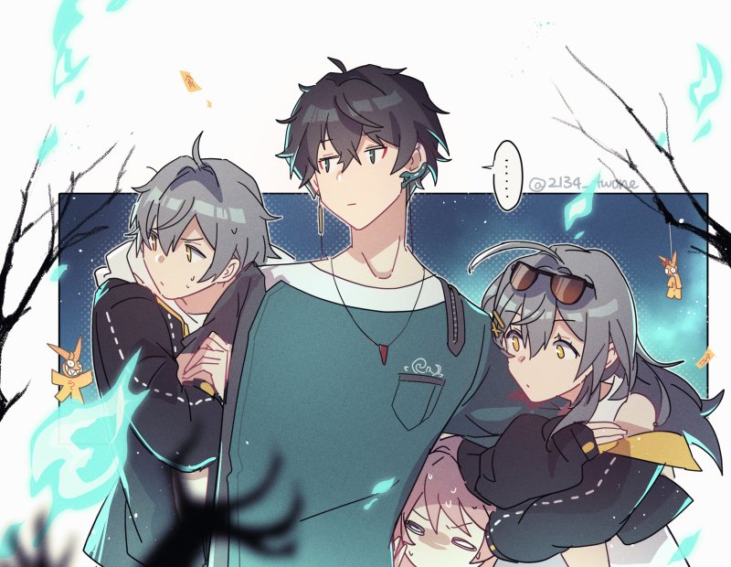 trailblazer, stelle, march 7th, caelus, and dan heng (honkai and 1 more) drawn by 2134twone