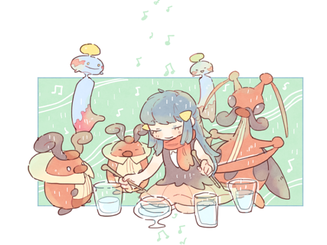 dawn, chimecho, kricketune, and kricketot (pokemon and 1 more) drawn by katiko