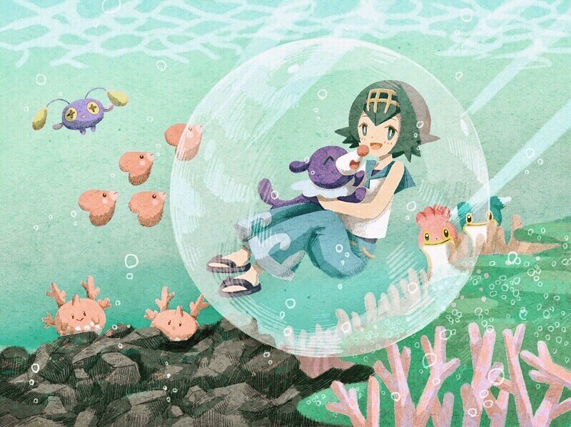 lana, popplio, luvdisc, corsola, chinchou, and 1 more (pokemon and 1 more) drawn by comp_ito