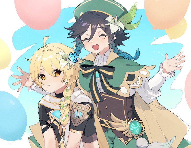 aether and venti (genshin impact) drawn by imoko_(imo_ss)