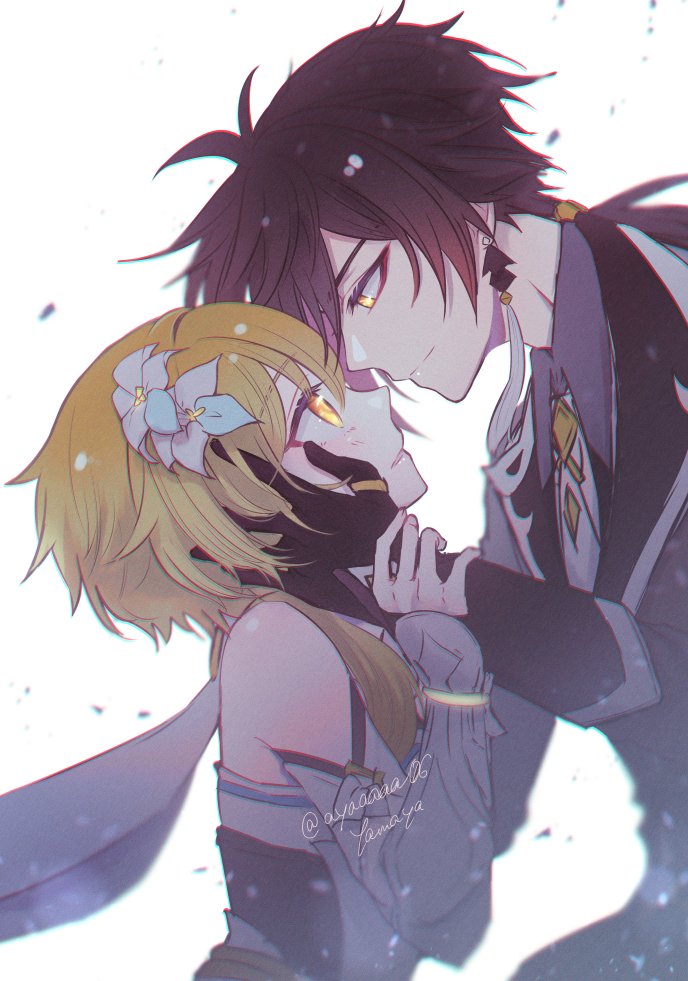 lumine and zhongli (genshin impact) drawn by yamaya_aya
