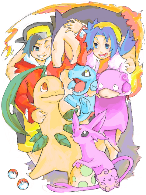 ethan, espeon, kris, totodile, clefairy, and 3 more (pokemon and 1 more) drawn by mese_(tegaki)