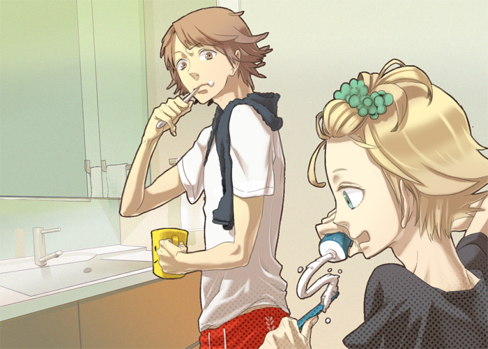 hanamura yousuke and kuma (persona and 1 more) drawn by hoe_(dbp)