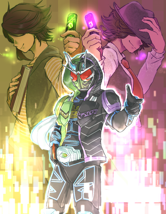 kamen rider double, philip, hidari shoutarou, and kamen rider specter (kamen rider and 2 more) drawn by yoshino_(gunform)