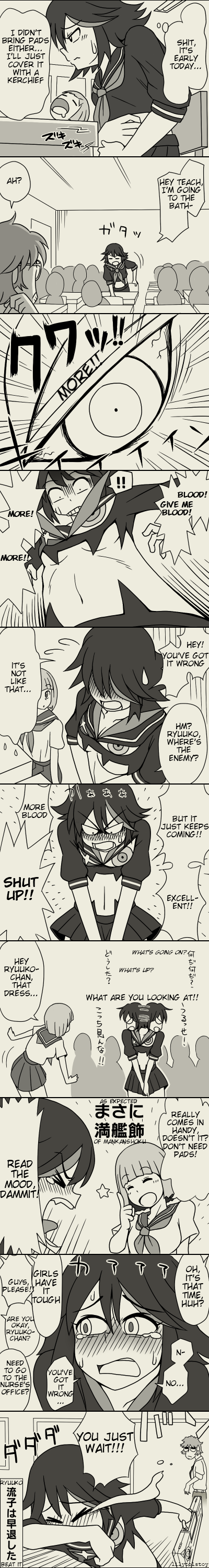 matoi ryuuko, senketsu, mankanshoku mako, and mikisugi aikurou (kill la kill) drawn by iromeki_overdrive