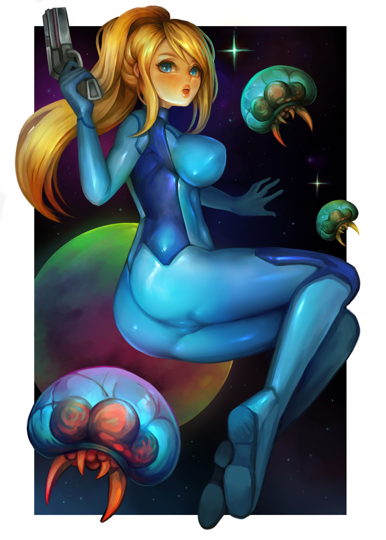 samus aran, metroid, and metroid larva (metroid) drawn by vlankt