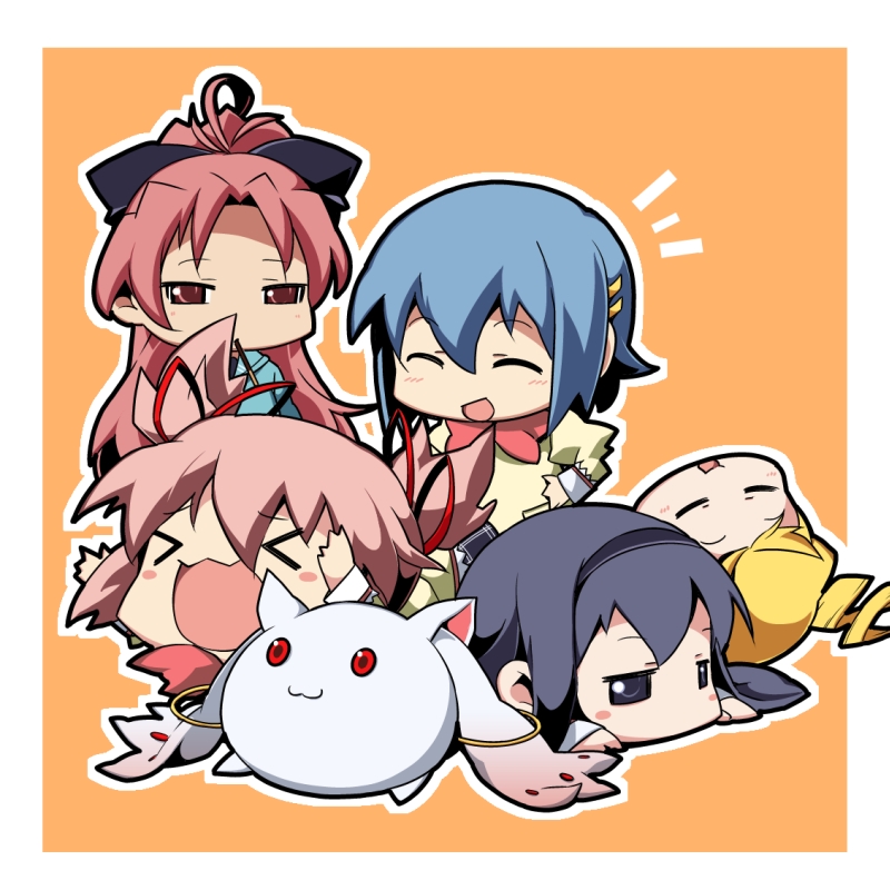 akemi homura, kaname madoka, miki sayaka, sakura kyoko, tomoe mami, and 1 more (mahou shoujo madoka magica) drawn by nyuusankin