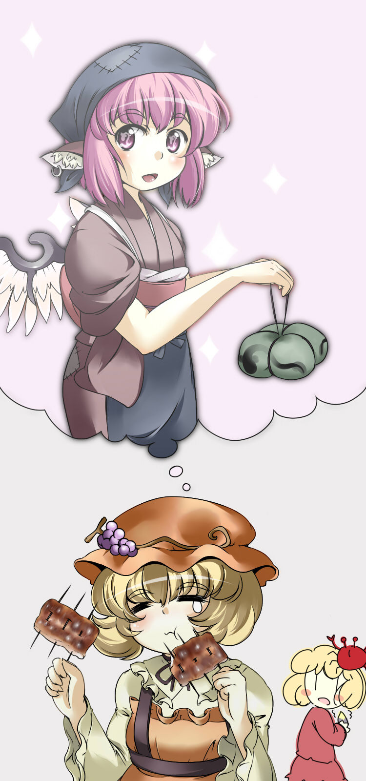 mystia lorelei, aki minoriko, aki shizuha, and okamisty (touhou) drawn by mepikari