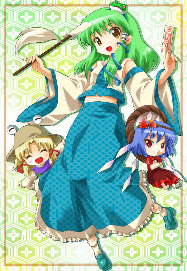 kochiya sanae, moriya suwako, and yasaka kanako (touhou) drawn by michii_yuuki