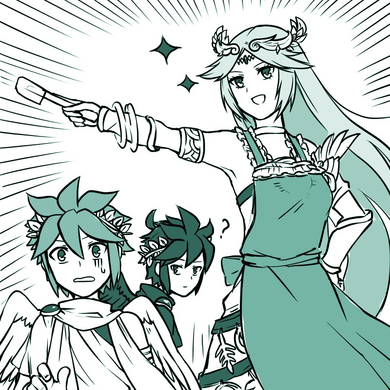 palutena, pit, and dark pit (kid icarus and 1 more) drawn by 72kuri