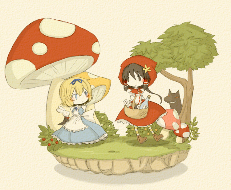 hakurei reimu, alice margatroid, and little red riding hood (touhou and 2 more) drawn by ico_(engawa_roman)