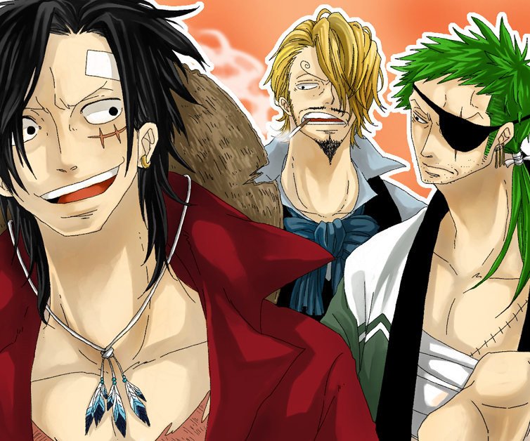 monkey d. luffy, roronoa zoro, and sanji (one piece) drawn by koumepanch
