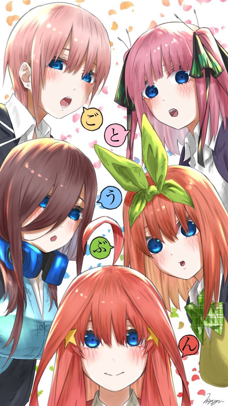 nakano nino, nakano miku, nakano yotsuba, nakano itsuki, and nakano ichika (go-toubun no hanayome) drawn by mitsugu