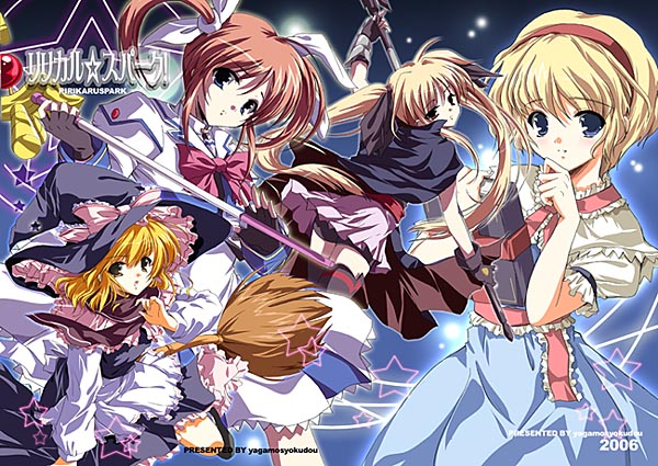 kirisame marisa, alice margatroid, fate testarossa, takamachi nanoha, raising heart, and 1 more (touhou and 3 more) drawn by satou_satoru