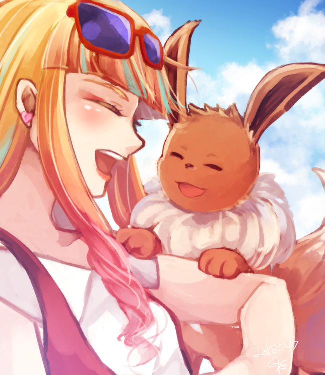 eevee and risa (pokemon and 1 more) drawn by shiraume_(hakubaian)