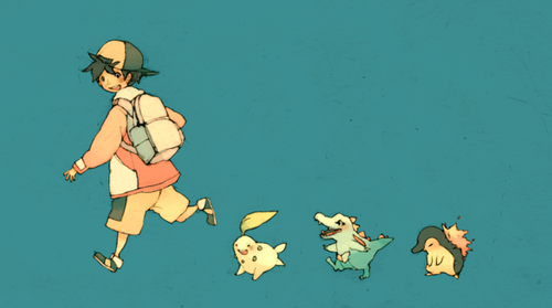 ethan, cyndaquil, chikorita, and totodile (pokemon and 1 more) drawn by luce-in-the-sky