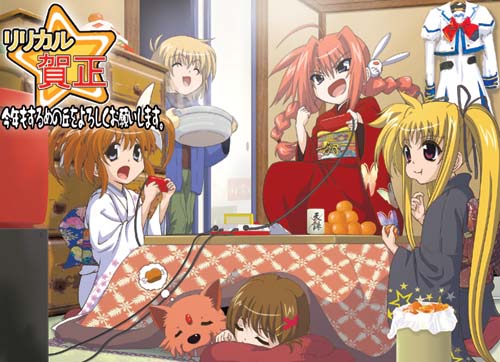 fate testarossa, takamachi nanoha, yagami hayate, vita, yuuno scrya, and 1 more (lyrical nanoha and 2 more) drawn by yukino_koreyuki