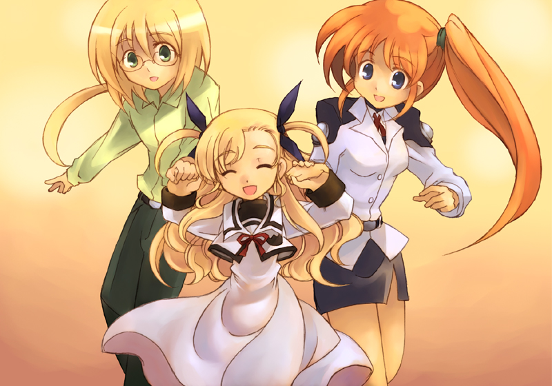 takamachi nanoha, vivio, and yuuno scrya (lyrical nanoha and 1 more) drawn by kouno_hikaru