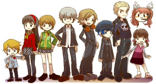 narukami yu, shirogane naoto, satonaka chie, kujikawa rise, amagi yukiko, and 4 more (persona and 3 more) drawn by kataro