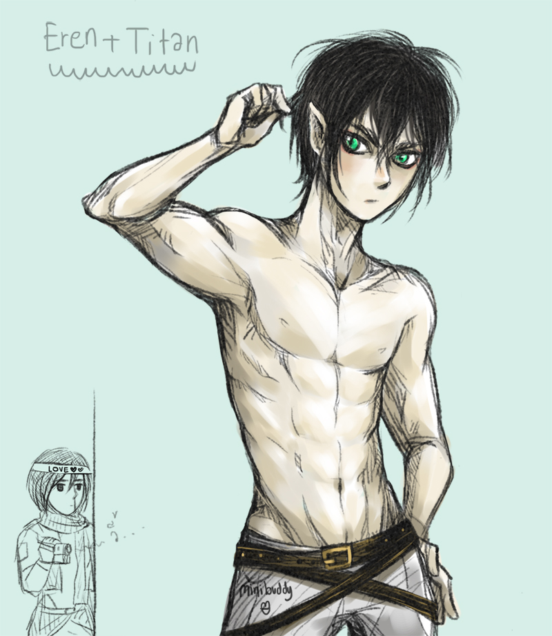 mikasa ackerman, eren yeager, titan, and rogue titan (shingeki no kyojin) drawn by minibuddy