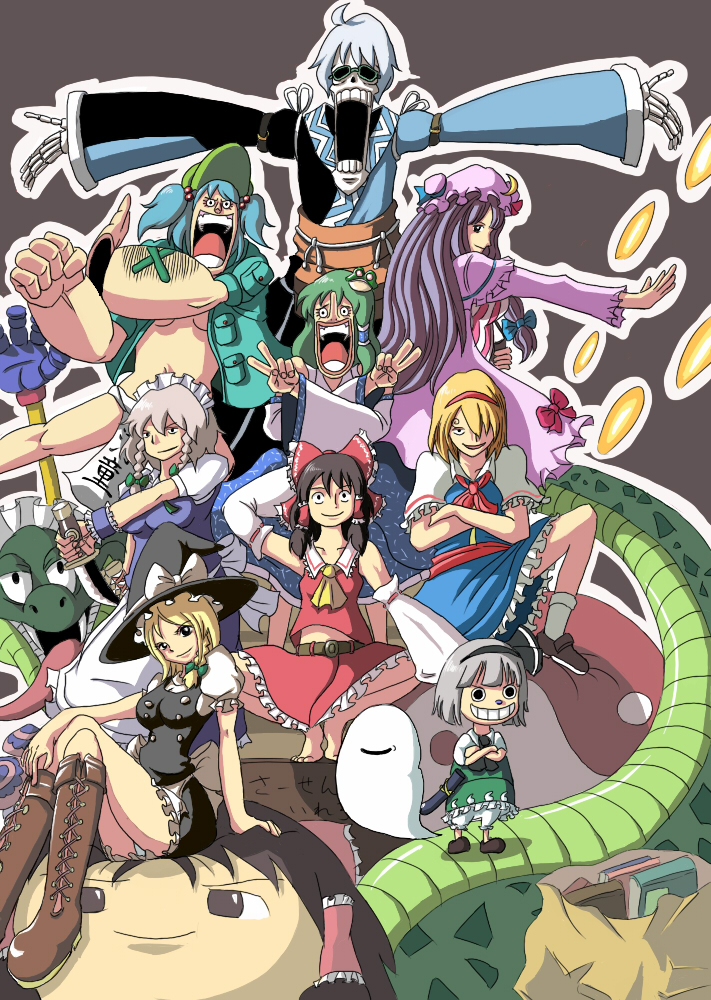 hakurei reimu, kirisame marisa, izayoi sakuya, kochiya sanae, konpaku youmu, and 4 more (touhou and 1 more) drawn by tsukaisute