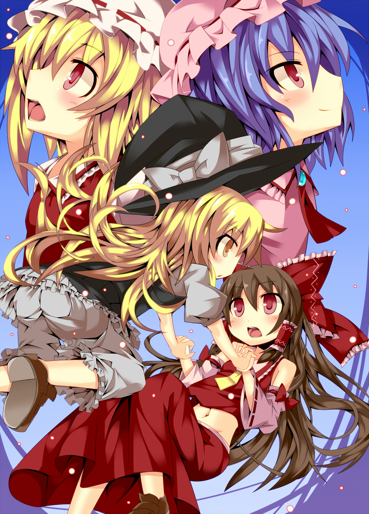 hakurei reimu, kirisame marisa, remilia scarlet, and flandre scarlet (touhou) drawn by rando_seru