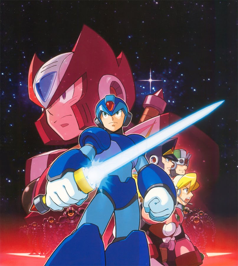 zero, x, alia, signas, and douglas (mega man and 2 more) drawn by sensei_haruki_suetsugu