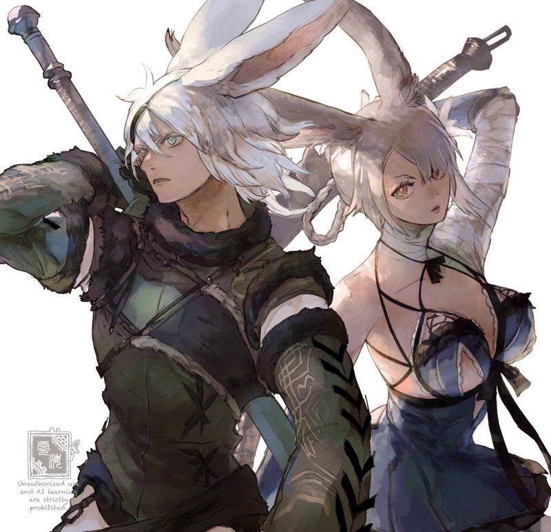 warrior of light, kaine, and nier (final fantasy and 2 more) drawn by zerou_pan
