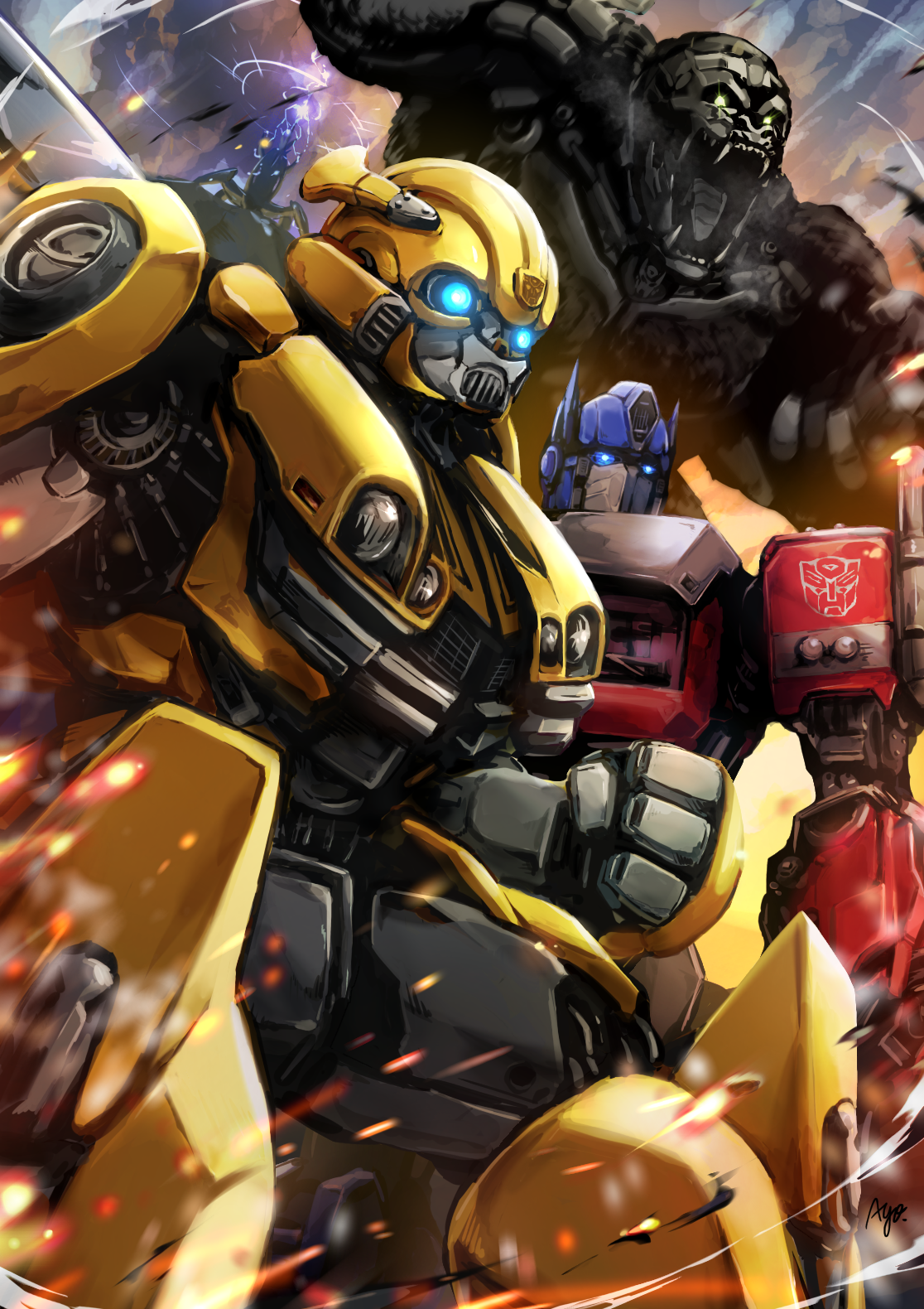 optimus prime, bumblebee, and optimus primal (transformers and 2 more)  drawn by ayo_(ayosanri009)