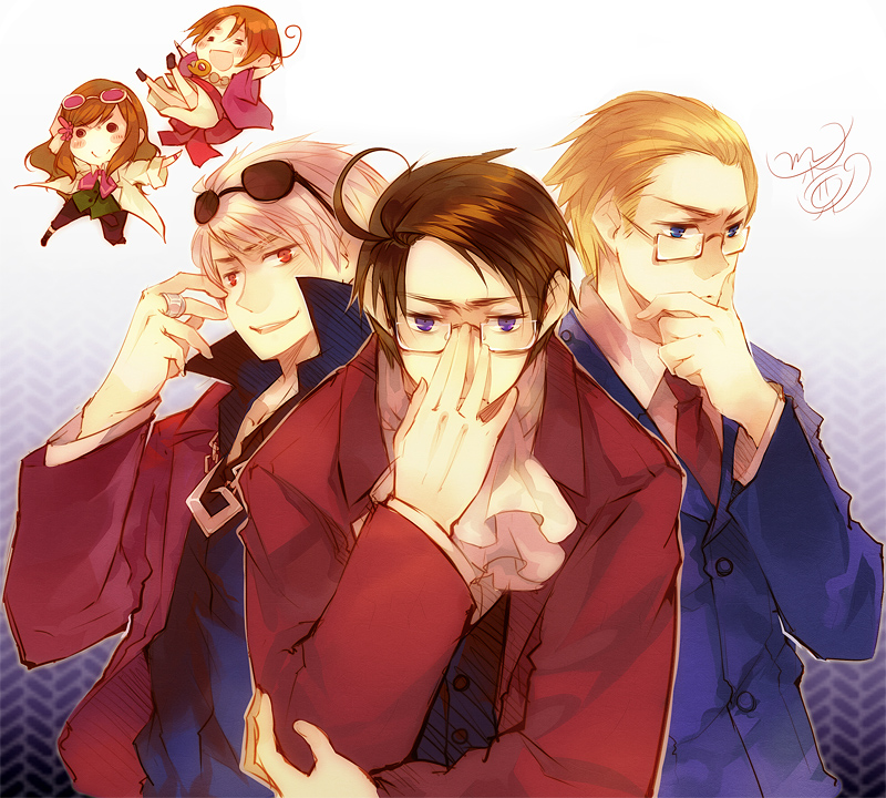 phoenix wright, miles edgeworth, maya fey, prussia, northern italy, and 5 more (axis powers hetalia and 3 more) drawn by minatsume