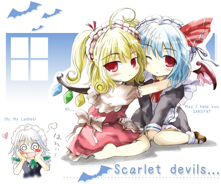 remilia scarlet, flandre scarlet, and izayoi sakuya (touhou) drawn by morogami_ryou