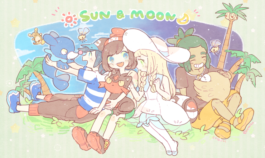 lillie, selene, rowlet, elio, popplio, and 5 more (pokemon and 1 more) drawn by katiko