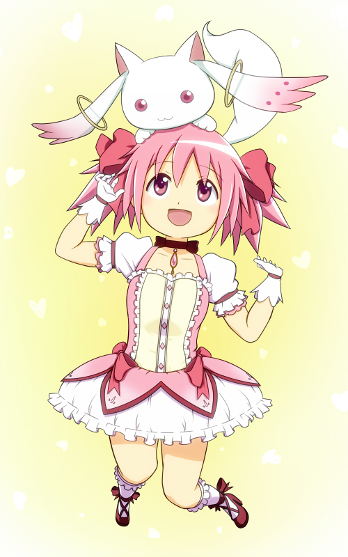 kaname madoka and kyubey (mahou shoujo madoka magica) drawn by shishamo_(scholacco)