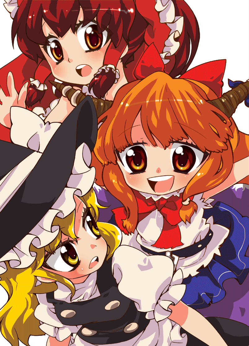 hakurei reimu, kirisame marisa, and ibuki suika (touhou) drawn by choborau_nyopomi