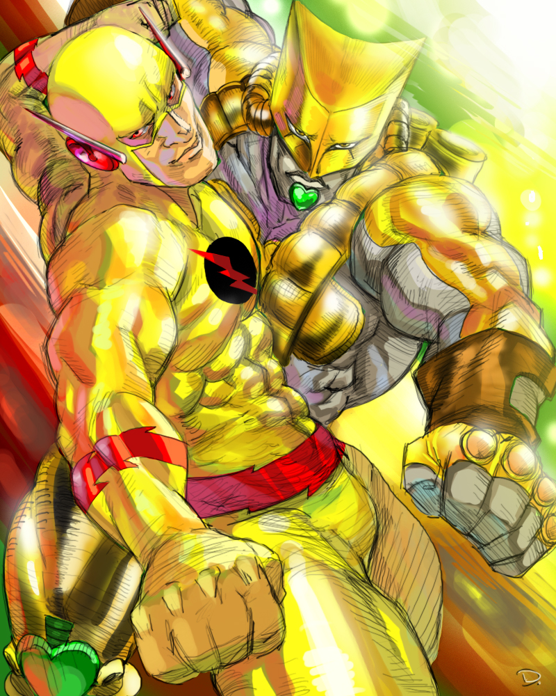 the world, reverse flash, eobard thawne, and professor zoom (jojo no kimyou na bouken and 3 more) drawn by d._(4chan)