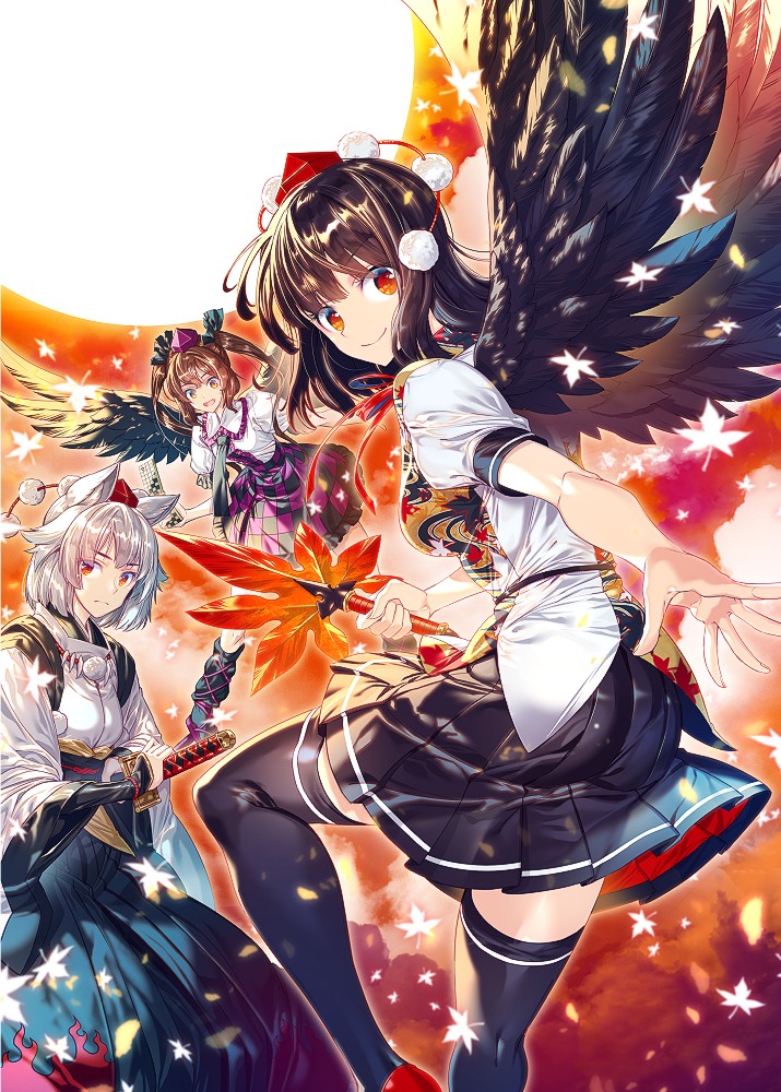 shameimaru aya, inubashiri momiji, and himekaidou hatate (touhou) drawn by zounose