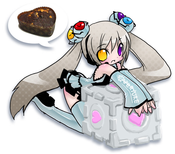 hatsune miku, glados, aperture science weighted companion cube, curiosity core, anger core, and 2 more (vocaloid and 2 more) drawn by ichi_kazu
